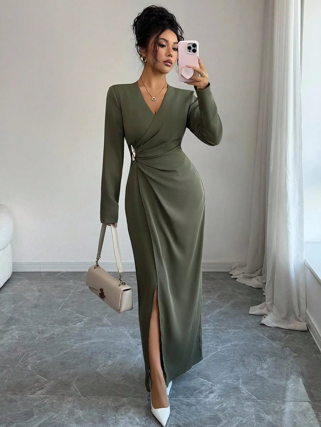 Woman Elegant Wrap V Neck Maxi Dress Ruched Waist High Slit Long Sleeve Gown Sophisticated Mature Style Outfit for Formal Events