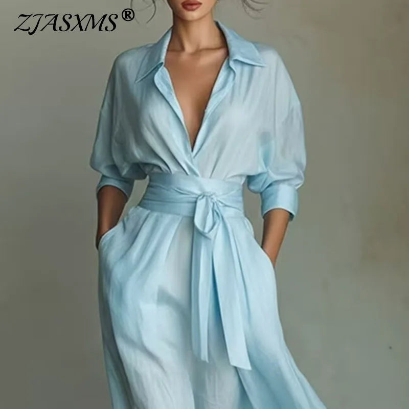 Bohemian Elegant Lace-up High Waist Long Dress Woman New Turn-down Collar Hollow Party Dress Spring 3/4 Sleeve Pocket Maxi Dress