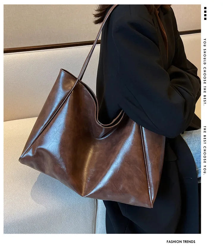 Women’s Fashion Tote Bag – Large Capacity Soft PU Leather Retro Shoulder & Crossbody Bucket Bag