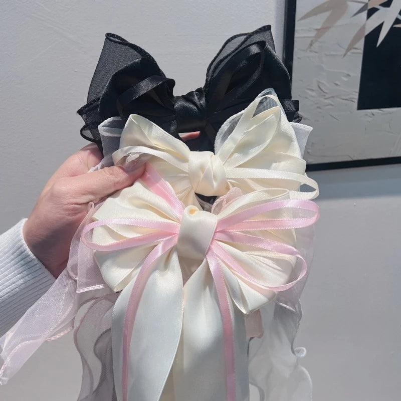 Women Elegant Lace Bow Ribbon Hair Clips Solid Color Satin Заколка Бант Girls Korean Hairpins Party Headdress Hair Accessories