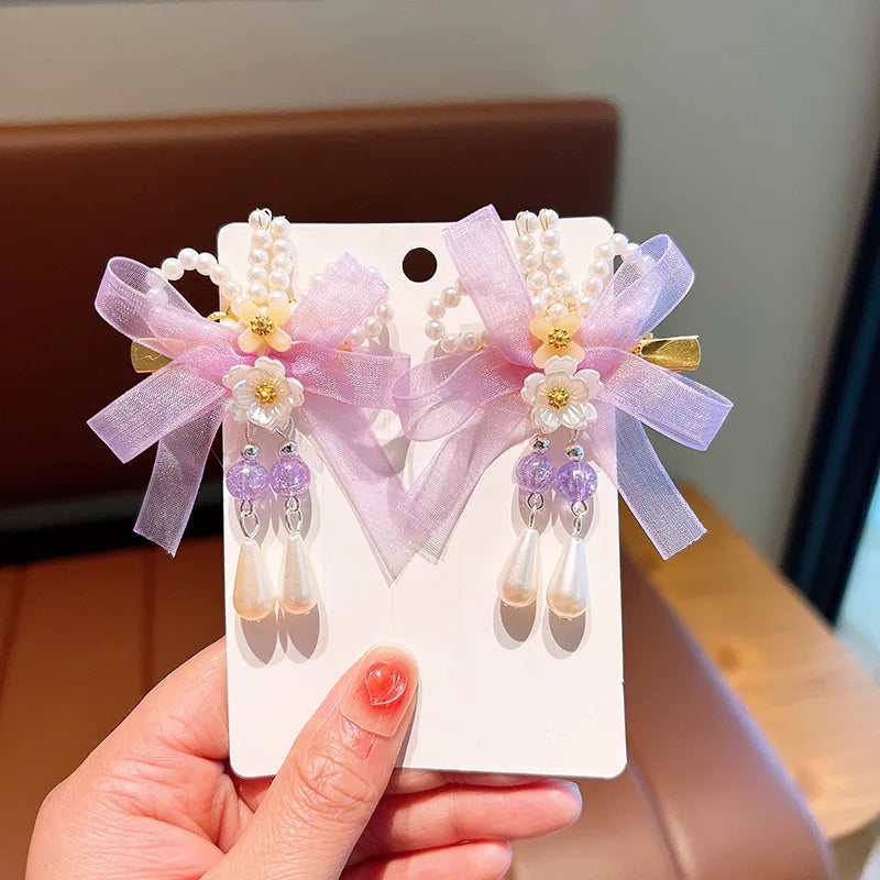 Pink and Blue Ribbon Tassel Hairpin Hair Clip for Children Girl Ancient Style Hanfu Hair Pins Cosplay Hair Accessories