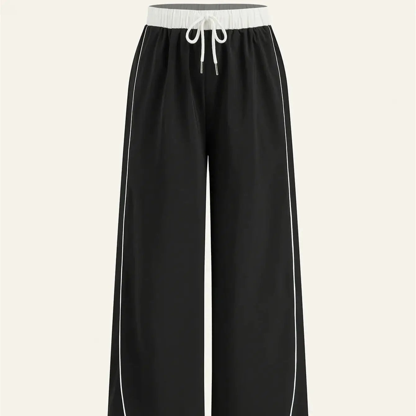Women's Black & White Color Block Elastic Waist Wide Leg Pants | Euro Style Drawstring Piping Draped Flattering Casual Sports Tr