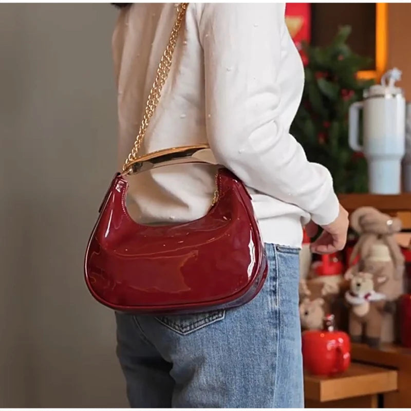 Trendy Burgundy Leather Shoulder Bag Stylish Gold Chain Hobo Bag With Metal Handle Minimalist Half-moon Crossbodybag Evening Bag