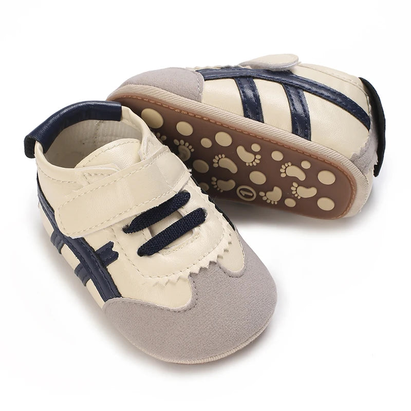Baby Boys First Walkers – Soft Sole Striped Sneakers (0-12M)
