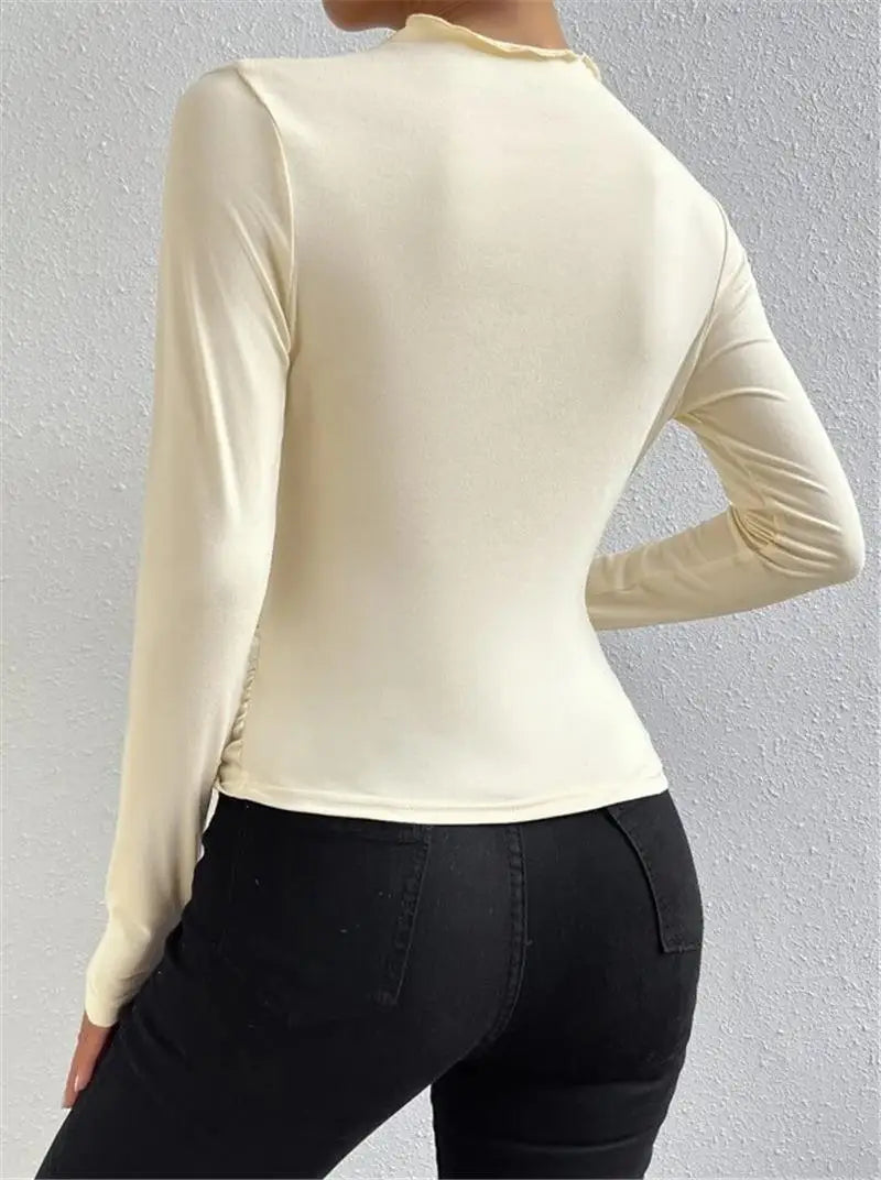 Women's Pleated Long Sleeve T-Shirt Bodycon Fit Polyester Spandex Blend Drawstring Closure  Color European Style Top