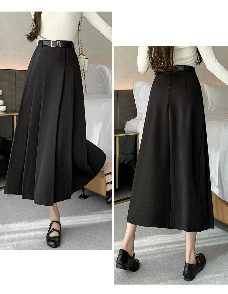 [EWQ] Elegant Solid Color Mid-Length All Match Skirt For Women 2026 Spring Summer Loose High Waist A-Line Pleated Skirts 16O9169