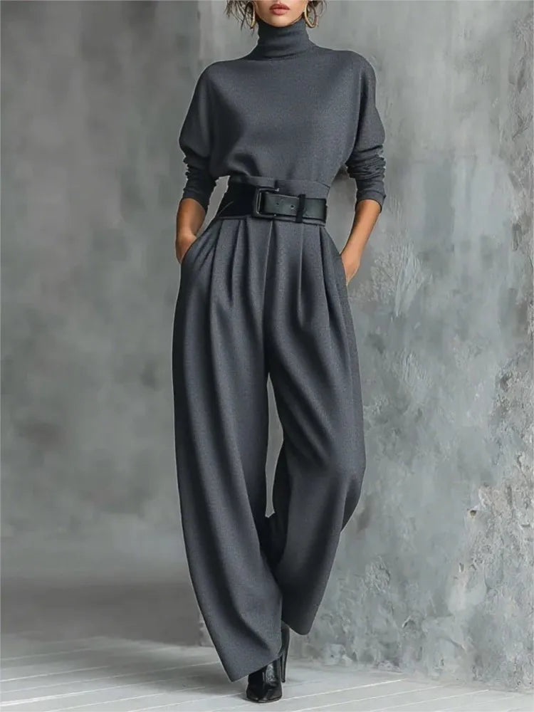 Autumn Winter New Women Elegant Stand Collar Solid High Waisted Trousers With Belt Long Sleeve Top Wide-leg Pants Two-piece Set