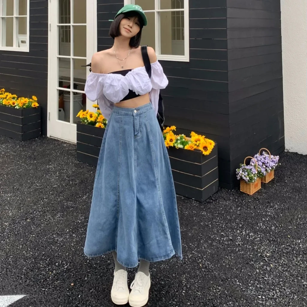 High Waist A- Line Midi Denim Skirt Women's Elastic Waist Design Sensation Slimming Long Skirt Summer Fashion Half-length Skirt