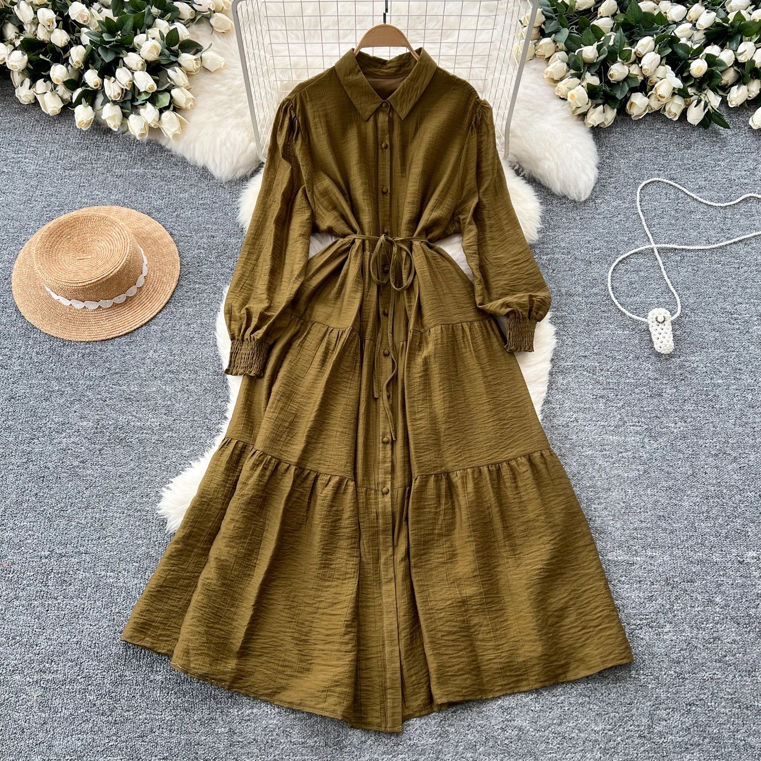 Chic Vintage Casual Long Sve irt Dr Women Loose Waist Cinched Faionable Long Skirt Korean Sle High Waist A-Line