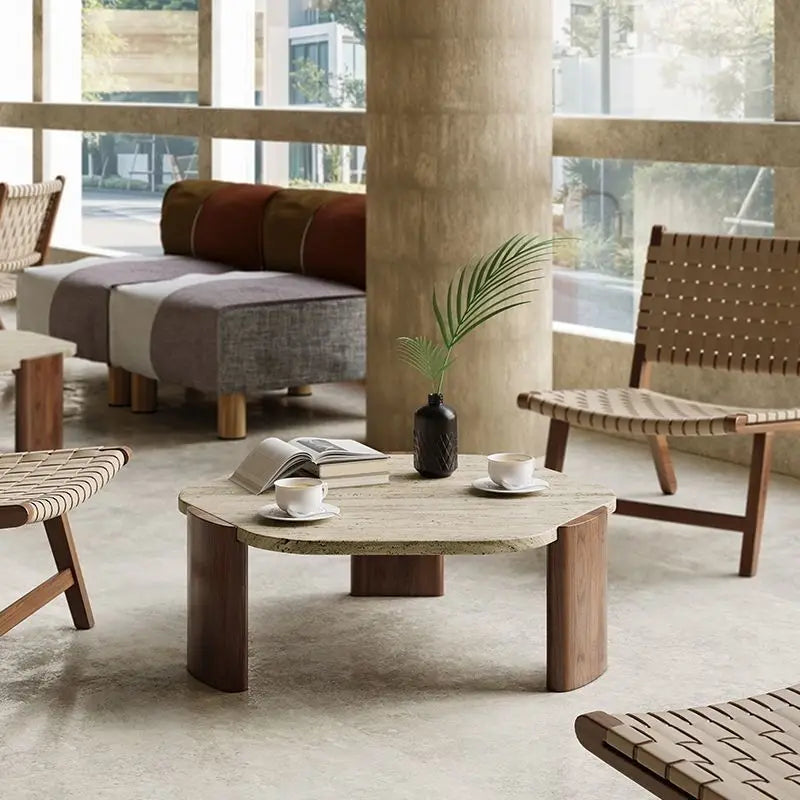 Solid wood travertine coffee table small tea small apartment living room household round balcony special-shaped rock slab Intern