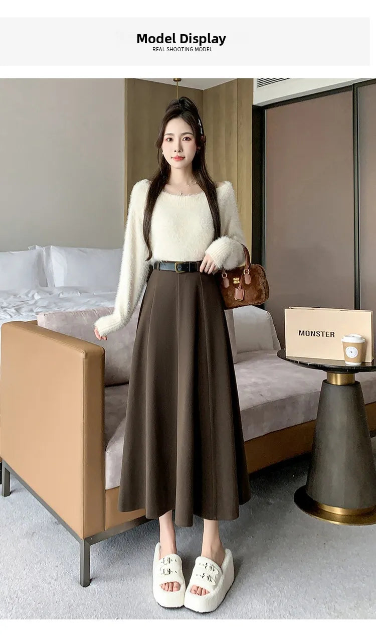 Elegant High Waist A-Line Midi Skirt Women's Fashion Slimming Skirts Autumn Winter New Style Loose Flared Mid-Length Skirts