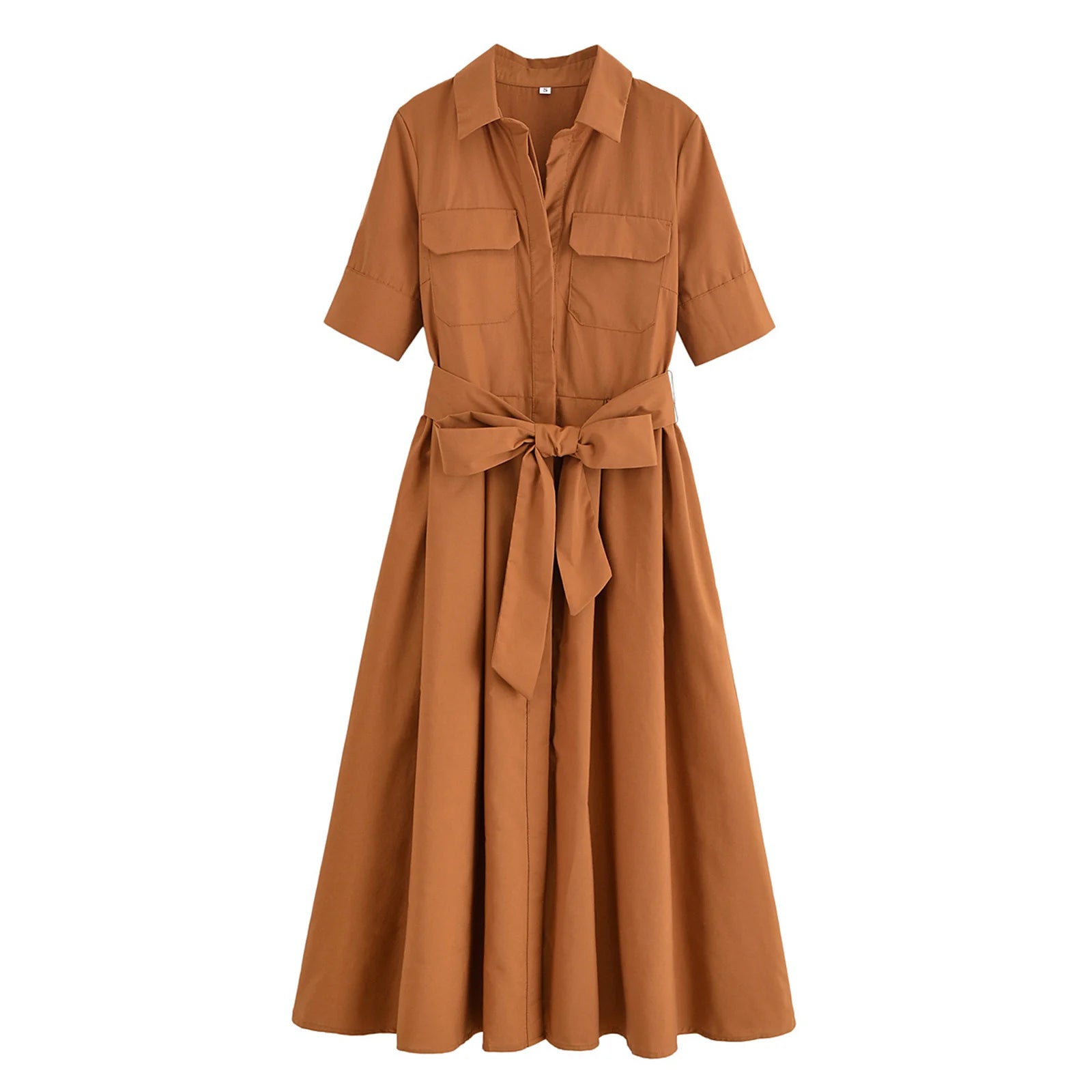 HH Woman Dresses Solid Turn-Down Collar Short Sleeve Pockets Bow Lace-Up Single-Breasted Female Fashion Long Dress 7 Color