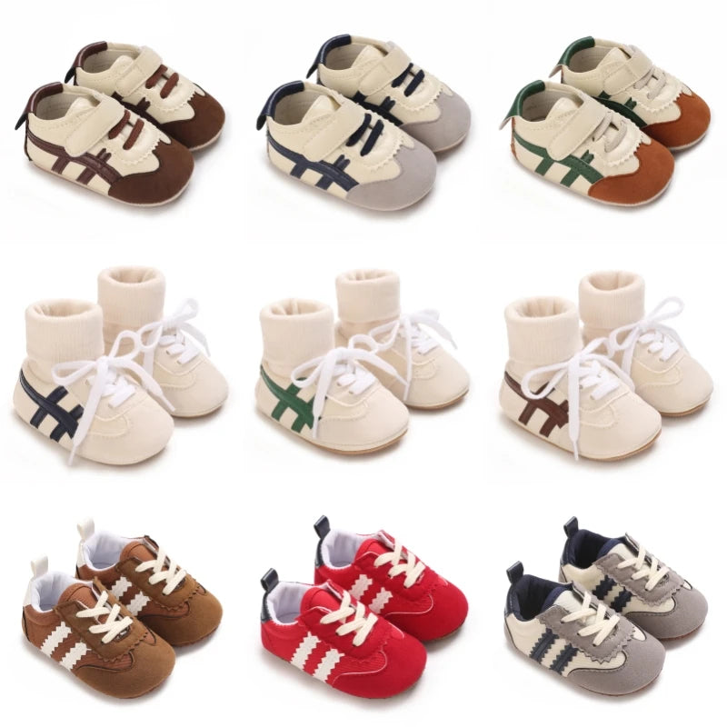 Baby Boys First Walkers – Soft Sole Striped Sneakers (0-12M)