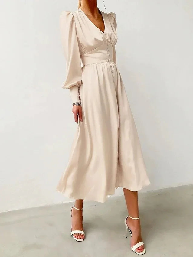 2026 Women's Fashion Satin Dress Lantern Sleeve Waist Slimming Style Elegant Slim Long Dress