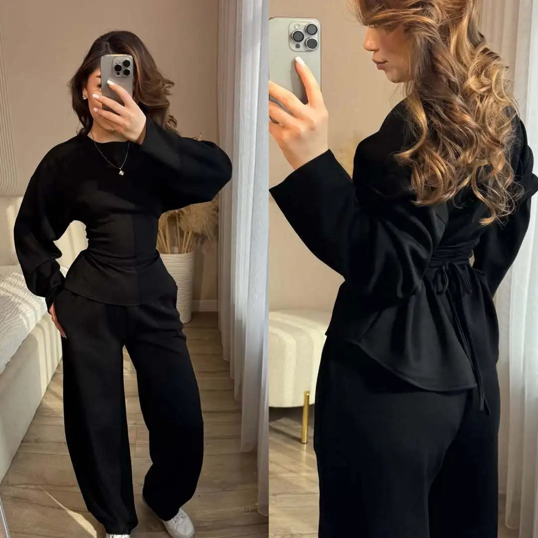 Yaminiya Women Casual Two Piece Set Long Sleeve Back Tie Waist Ruffle Hem Top & Wide Leg Pants Solid Color Loungewear Tracksuit