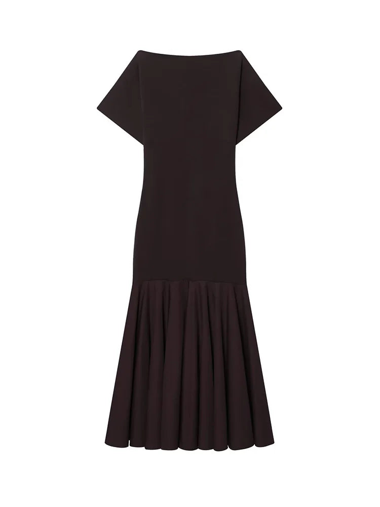 HH 2026 Women Summer Fashion Solid Midi Dress Side Zipper Pleated Woman Ship-type Short Sleeved Stitching Holiday Party Dress