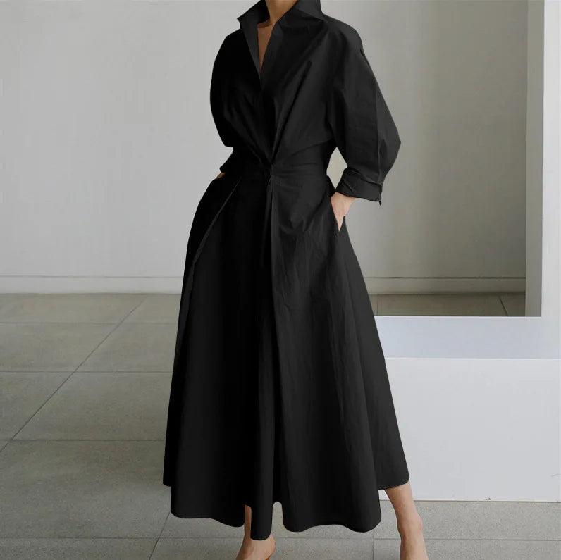 2026 Women's Oversized Elegant Cotton Linen Sundress Lapel Neck High Waist Long Sleeve Long Shirt Dress OL Vestidos Robe Femme