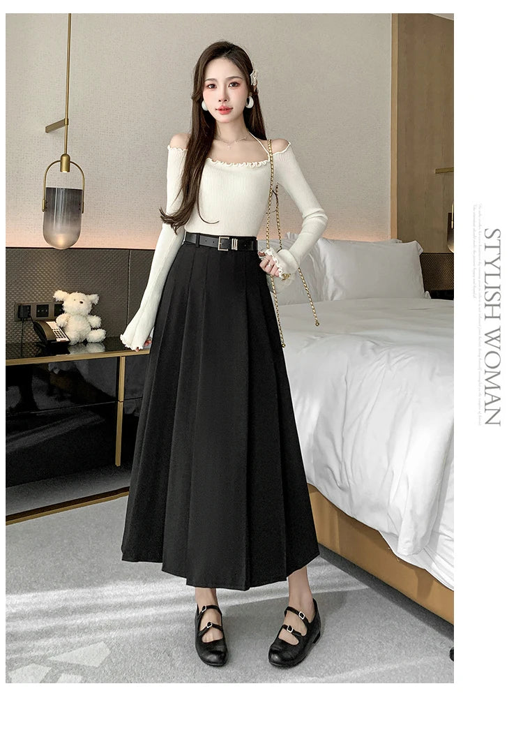 [EWQ] Elegant Solid Color Mid-Length All Match Skirt For Women 2026 Spring Summer Loose High Waist A-Line Pleated Skirts 16O9169
