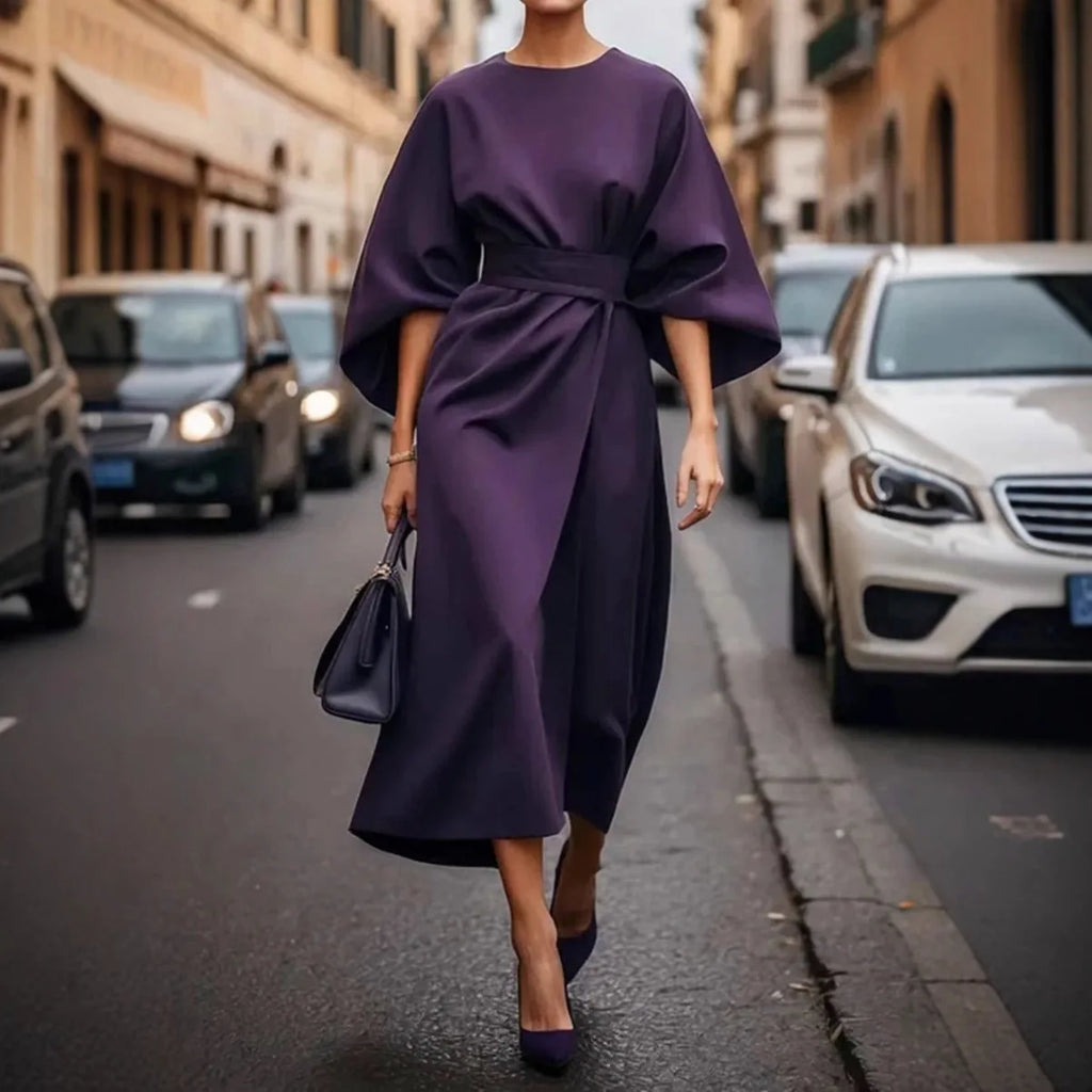 Women Dresses 2026 fashion elegant round o neck solid color waist-cinching casual batsleeve long dress clothing vestidoes