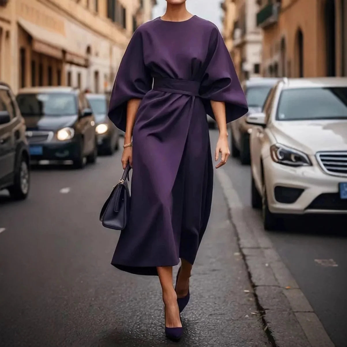 Women Dresses 2026 fashion elegant round o neck solid color waist-cinching casual batsleeve long dress clothing vestidoes