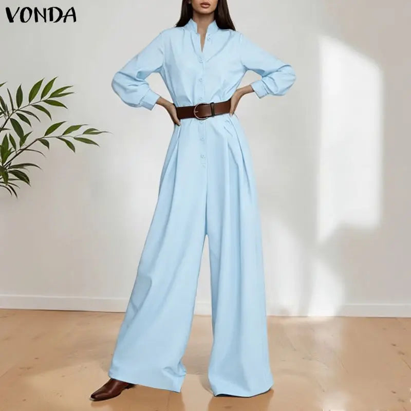 ZANZEA Women Fashion Long Jumpsuits 2026 Summer Long Sleeve Solid Rompers Casual Stand Collar Loose Overalls Streetwear Work