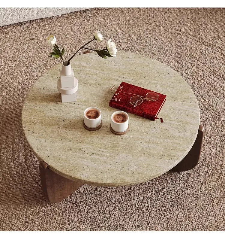 Wabi Sandy Wind Solid Wood Travertine Coffee Table Minimalist Small Tea Table Small Apartment Living Room Household Round Balcon