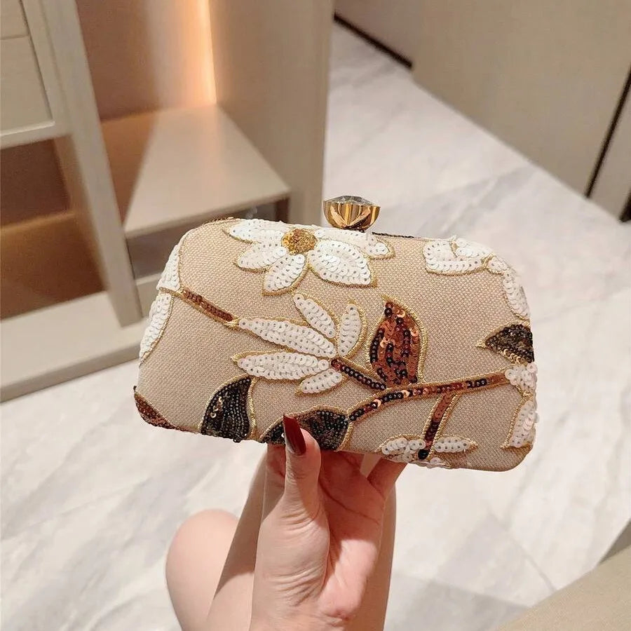 Women Flower Printing Evening Bag sequins Handbag Handmade  Embroidery Clutch Purse Elegant Evening Party Bride Handbag