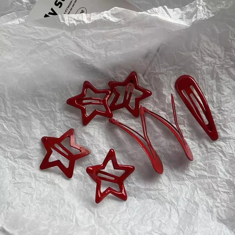 10Pcs/set Red Star Snap Clip for Girl Waterdrop Barrettes Black Hairpin Women Hair Clip Accessories Kawaii BB Clip New Sweet
