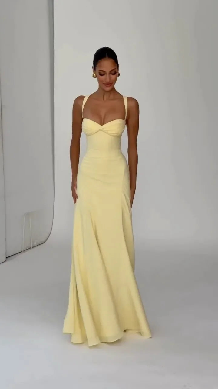 Yellow Low Cut Backless Long Dress Women Chic Lace Up High Waist Sleeveless Waist Cinching Slim Sling Dresses Lady Party Robes
