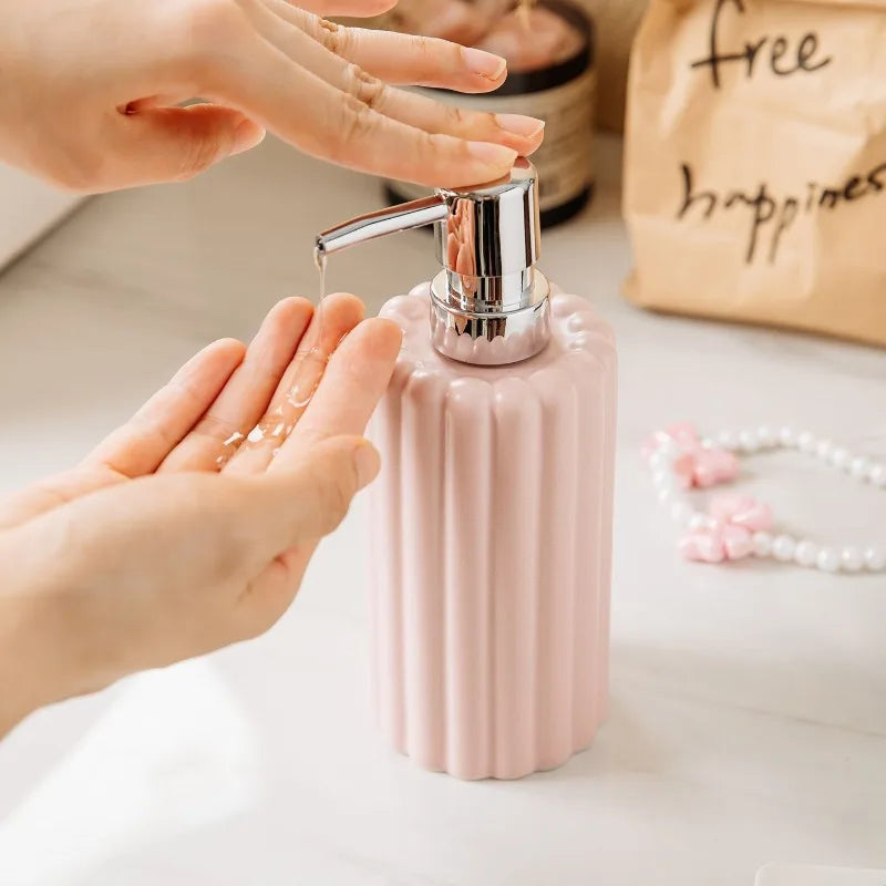 400ml Ceramic Lotion & Soap Dispenser – Pink & White Stripes