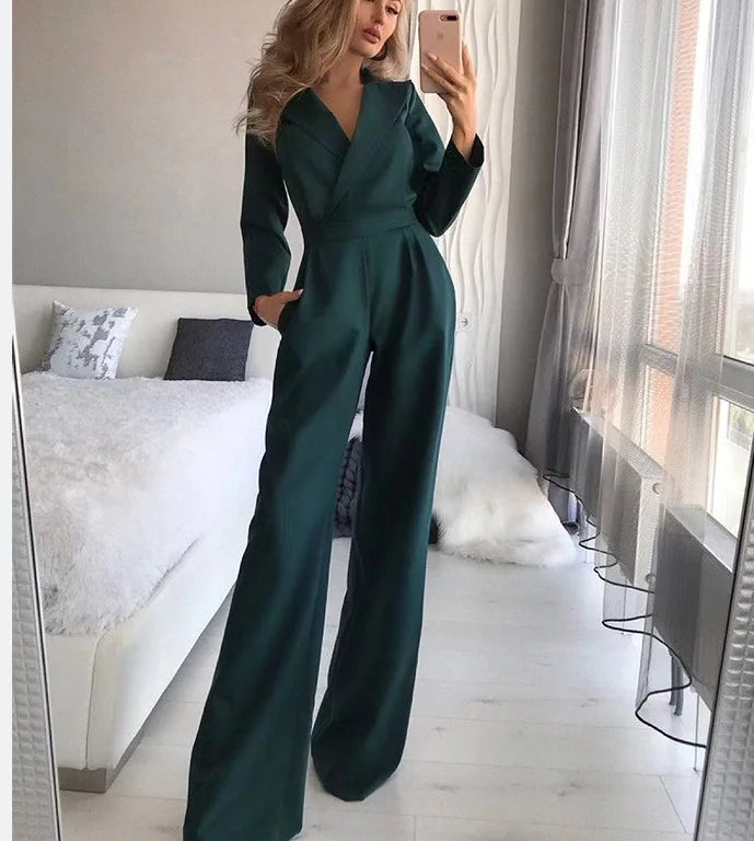 Spring Summer  Jumpsuit Women Mid Waist Elegant Commuting Long Sleeve Suit Overalls Wide Leg Pant Casual Solid Waist Jumpsuit