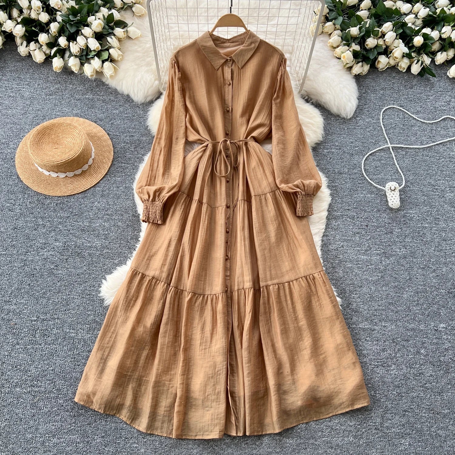 Chic Vintage Casual Long Sve irt Dr Women Loose Waist Cinched Faionable Long Skirt Korean Sle High Waist A-Line