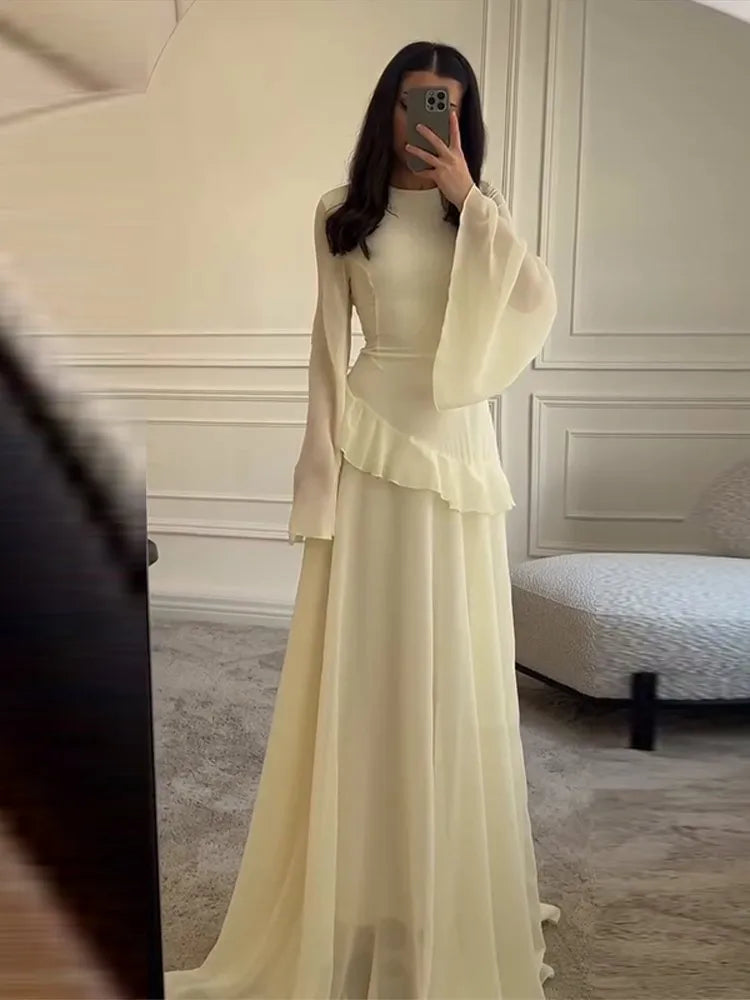 Fashion Flare Sleeve Ruff Long Dress Women Solid O-neck High Waist Slim Pleated Maxi Dresses 2025 Lady Summer Chic Party Robes