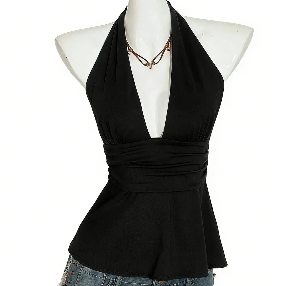 Fashion Sleeveless Women Crop Top Pleated Deep V Neck Halter Ruffle Vest Y2k Beach Wear Lace-up Dots Camisole Beach