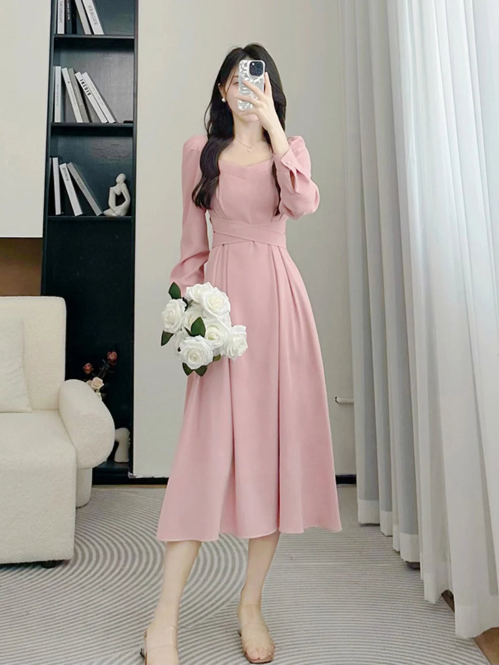 Ele High Waist A-Line Dr Women's Long Sve Square Collar Slimming Formal Ocn Dr Spring Collection