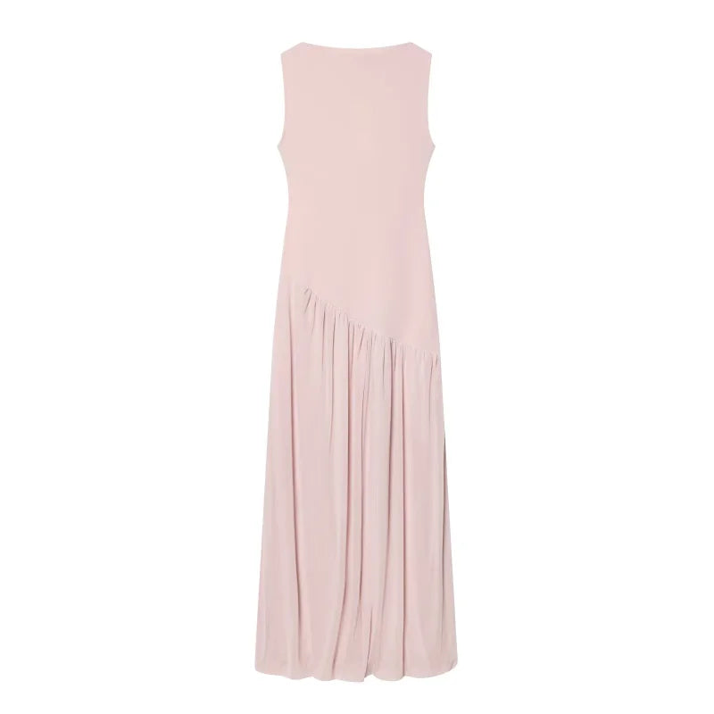 ETJ Women Brown Sleeveless High Neck Midi Dress Pleated Skirt Flowy Wrap Dress Minimalist Elegant Office Party Wear 2026