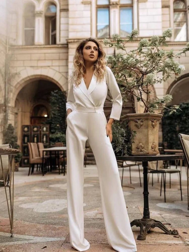 Spring Summer  Jumpsuit Women Mid Waist Elegant Commuting Long Sleeve Suit Overalls Wide Leg Pant Casual Solid Waist Jumpsuit