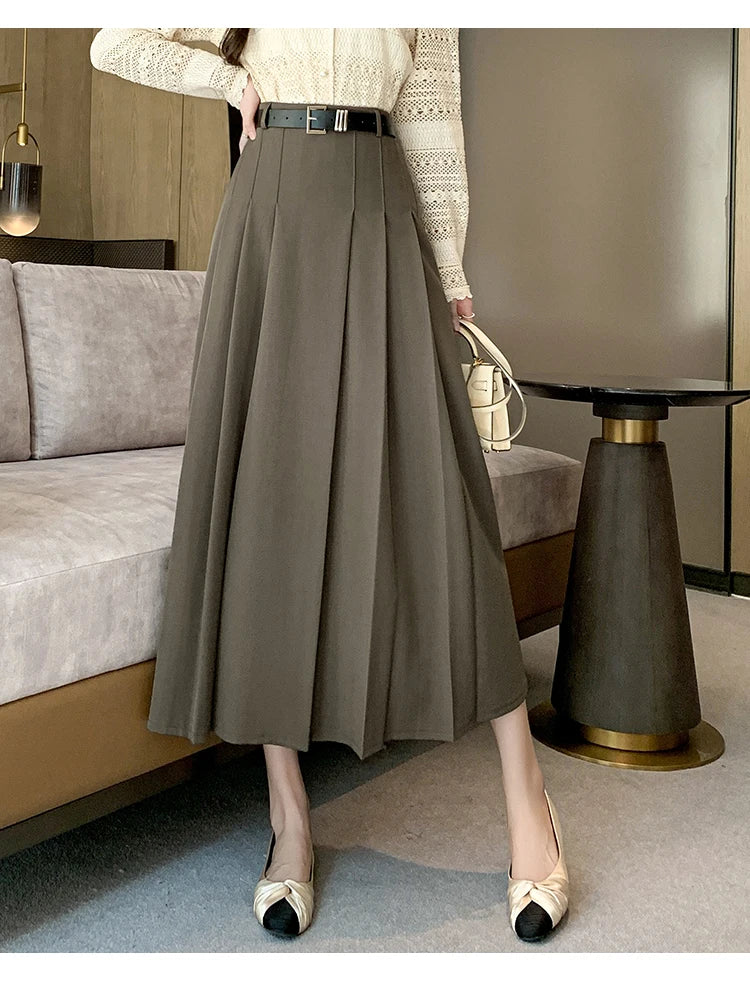 [EWQ] Elegant Solid Color Mid-Length All Match Skirt For Women 2026 Spring Summer Loose High Waist A-Line Pleated Skirts 16O9169