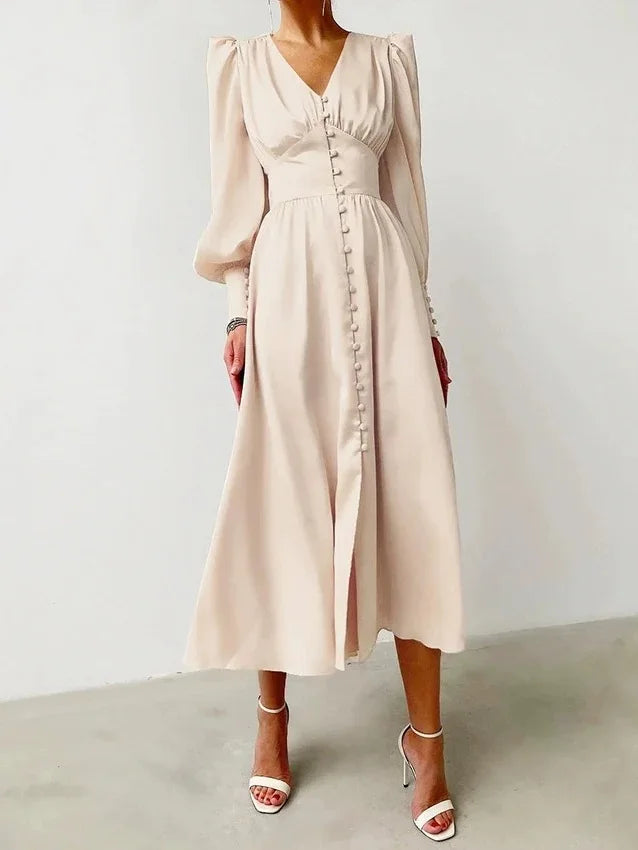 2026 Women's Fashion Satin Dress Lantern Sleeve Waist Slimming Style Elegant Slim Long Dress