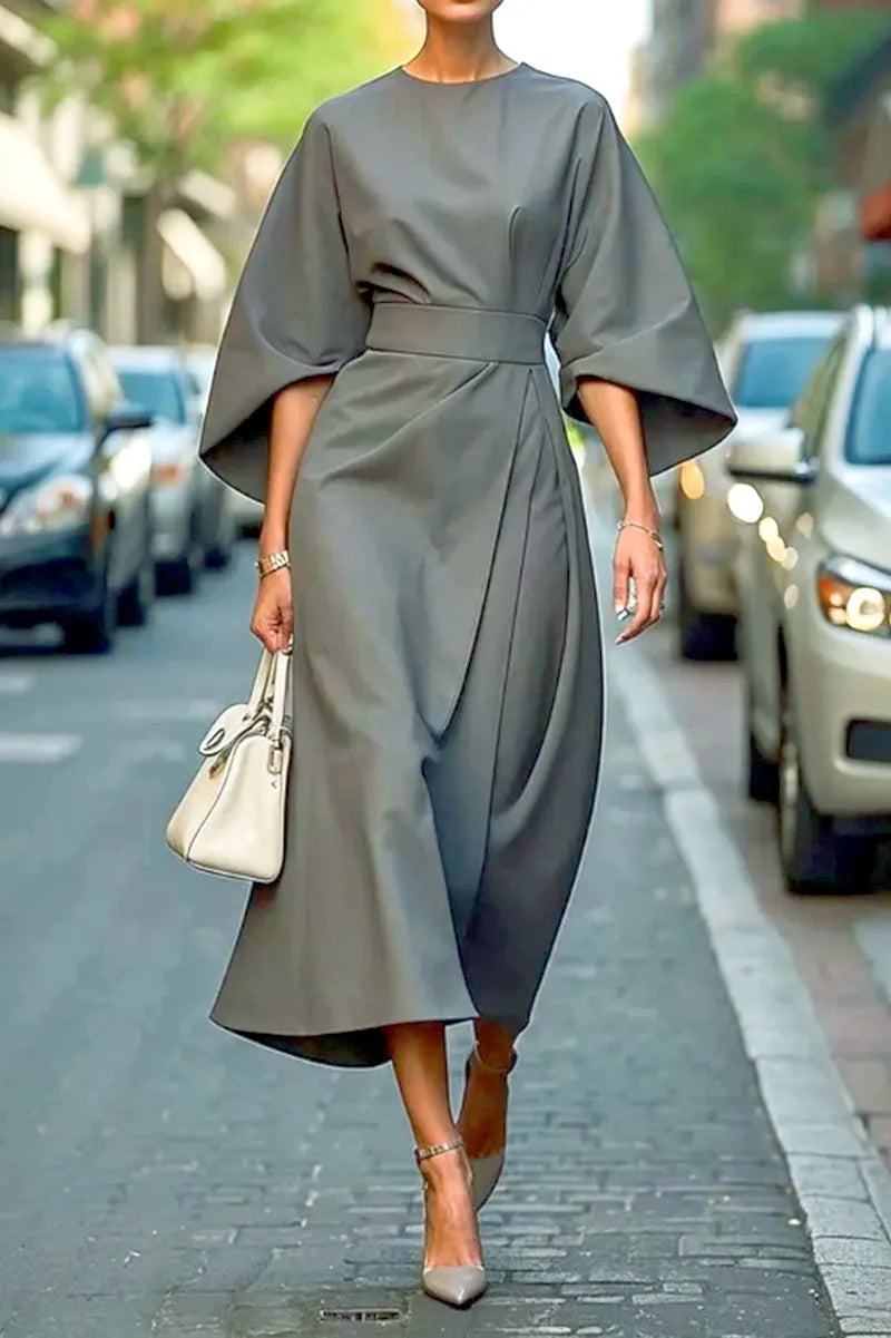 Women Dresses 2026 fashion elegant round o neck solid color waist-cinching casual batsleeve long dress clothing vestidoes