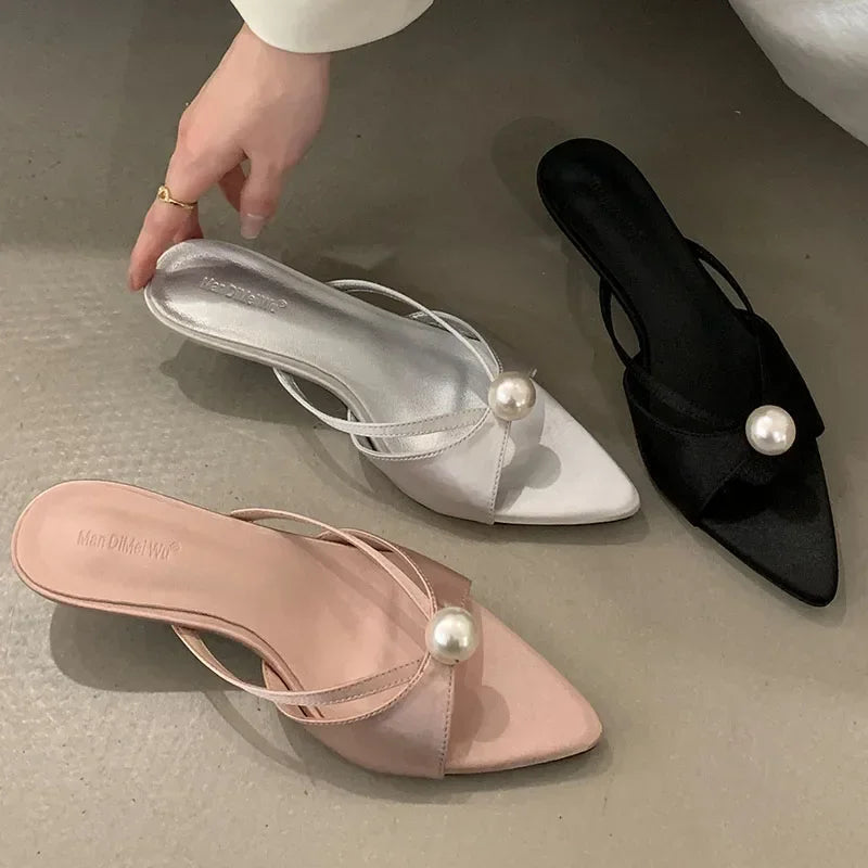 New 2025 Summer Open Toe Women Slippers Sexy Pointed Toe Slides Sandals Elegant Pearls Decoration Thin High Heels for Women