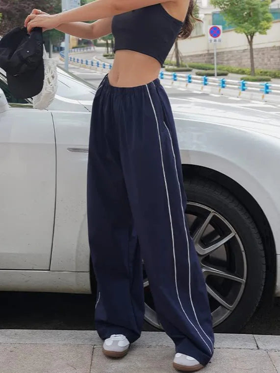 Women's Fashion Drawstring Both Sides Casual Elastic Waist Sports Pants High waist Loose Wide Leg Pants Trousers