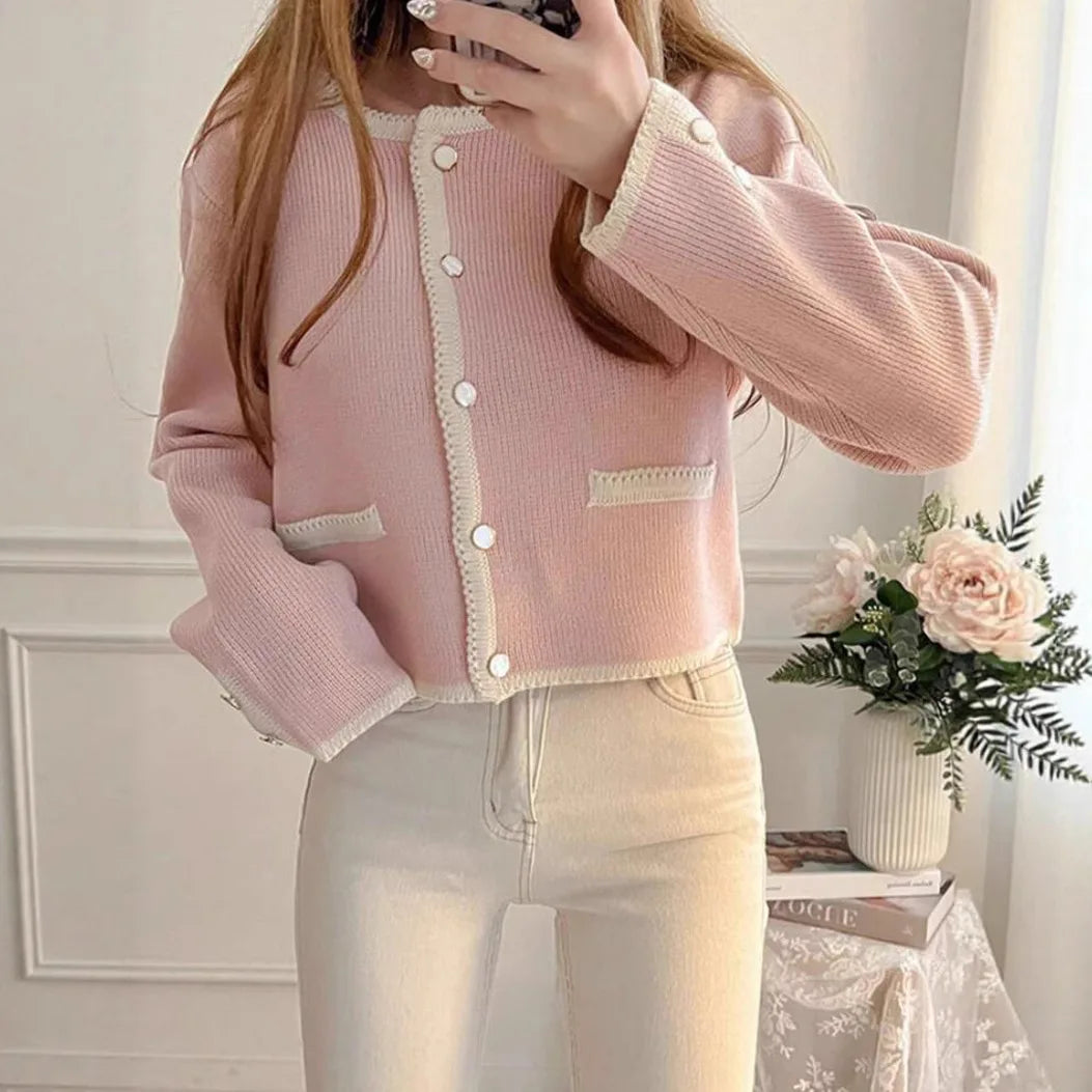 Chic Contrast Color Round Neck Single Button Knit Cardigan Sweater