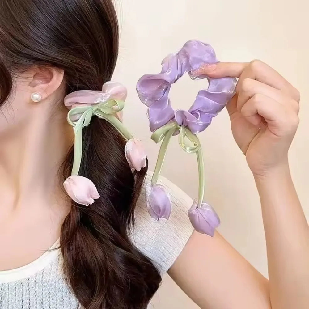 3Pcs Cute Tulip Flower Large Intestine Scrunchie for Women Sweet Headband Hair Band Hair Tie Fashion Girl Hair Accessories