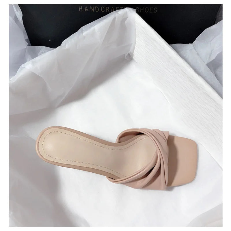 Fashion Summer Women Shoes New Handmade Square Open Toe High Heels Outdoor fashion Slippers Apricot Off white size 35-40