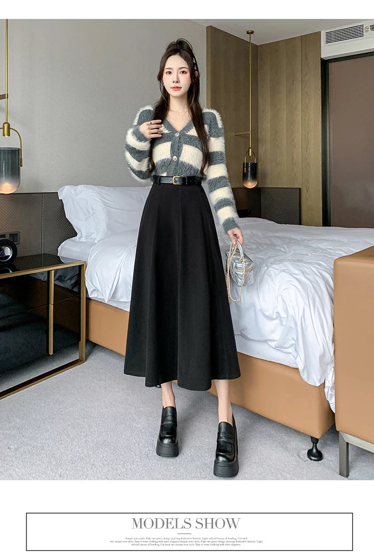 Elegant High Waist A-Line Midi Skirt Women's Fashion Slimming Skirts Autumn Winter New Style Loose Flared Mid-Length Skirts
