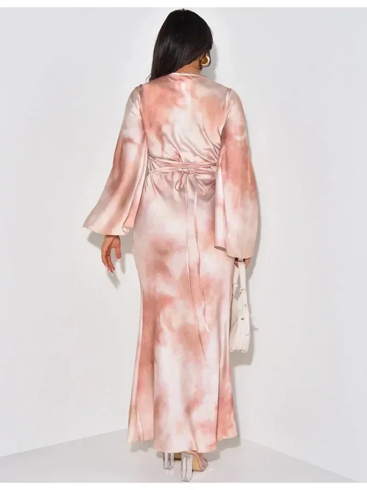 Elegant Women Print Maxi Dress Long Sleeve Loose O-neck Bandage Satin Clothing Fashion Lady Casual Dresses 2024
