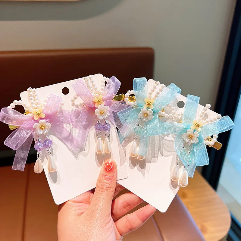 Pink and Blue Ribbon Tassel Hairpin Hair Clip for Children Girl Ancient Style Hanfu Hair Pins Cosplay Hair Accessories