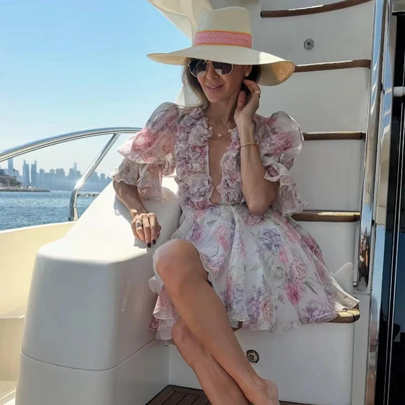 2025 Chiffon Floral Print Layered Women Mini Dresses Sweet Boat Neck Ruffles Flounce Retract Waist Robe Lady Beach Party Vestido