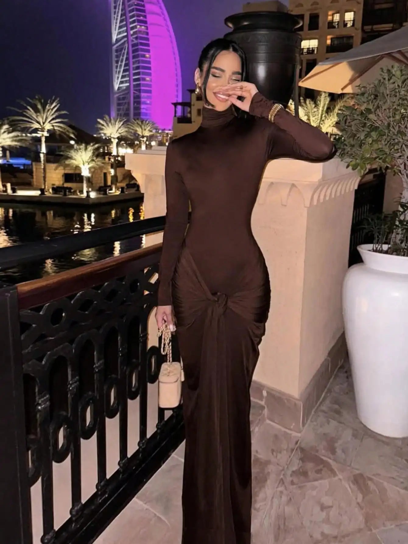 Brown High Neck Fitted Long Dress with Front Knot Detail